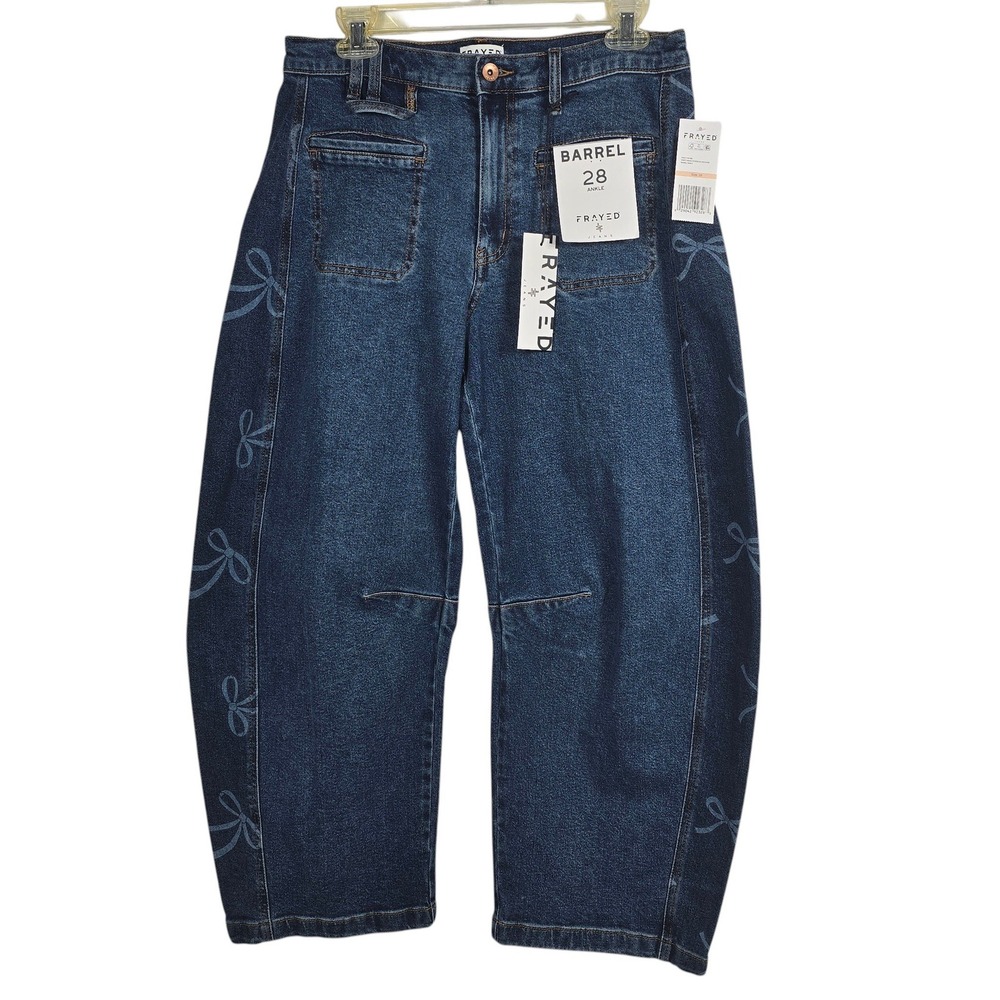 Frayed Jeans Women 28‎ Barrel Ankle Bow Print Side Panel Dark Wash High Rise NWT